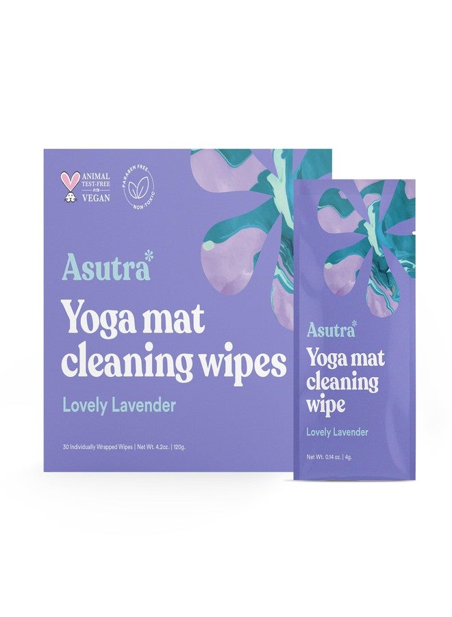 أسوترا مناديل أسوترا لتنظيف سجادات اليوغا (برائحة اللافندر الرائعة)، مناديل مغلفة بشكل فردي، علبة واحدة (30 منديلًا) - لا تترك أي بقايا زلقة، تنظيف عميق لمعدات اللياقة البدنية وأجهزة الصالات الرياضية - Image 1